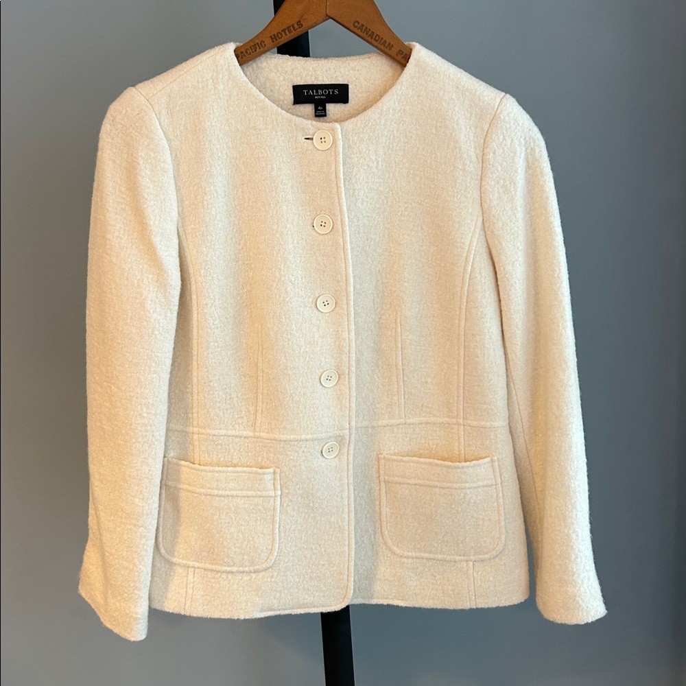 Talbots Blazer Womens 12 Cream Boiled Wool Blend Button Up Coastal Classic